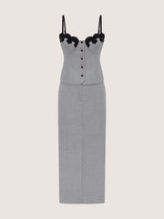 Two-piece wool suit with lace-trimmed top