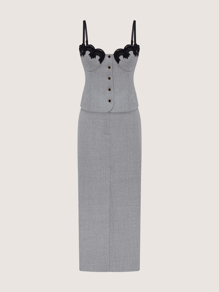 Two-piece wool suit with lace-trimmed top