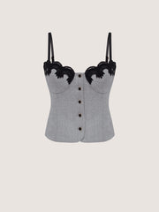 Two-piece wool suit with lace-trimmed top