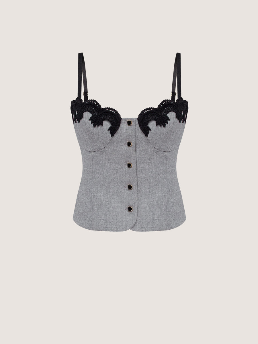 Two-piece wool suit with lace-trimmed top